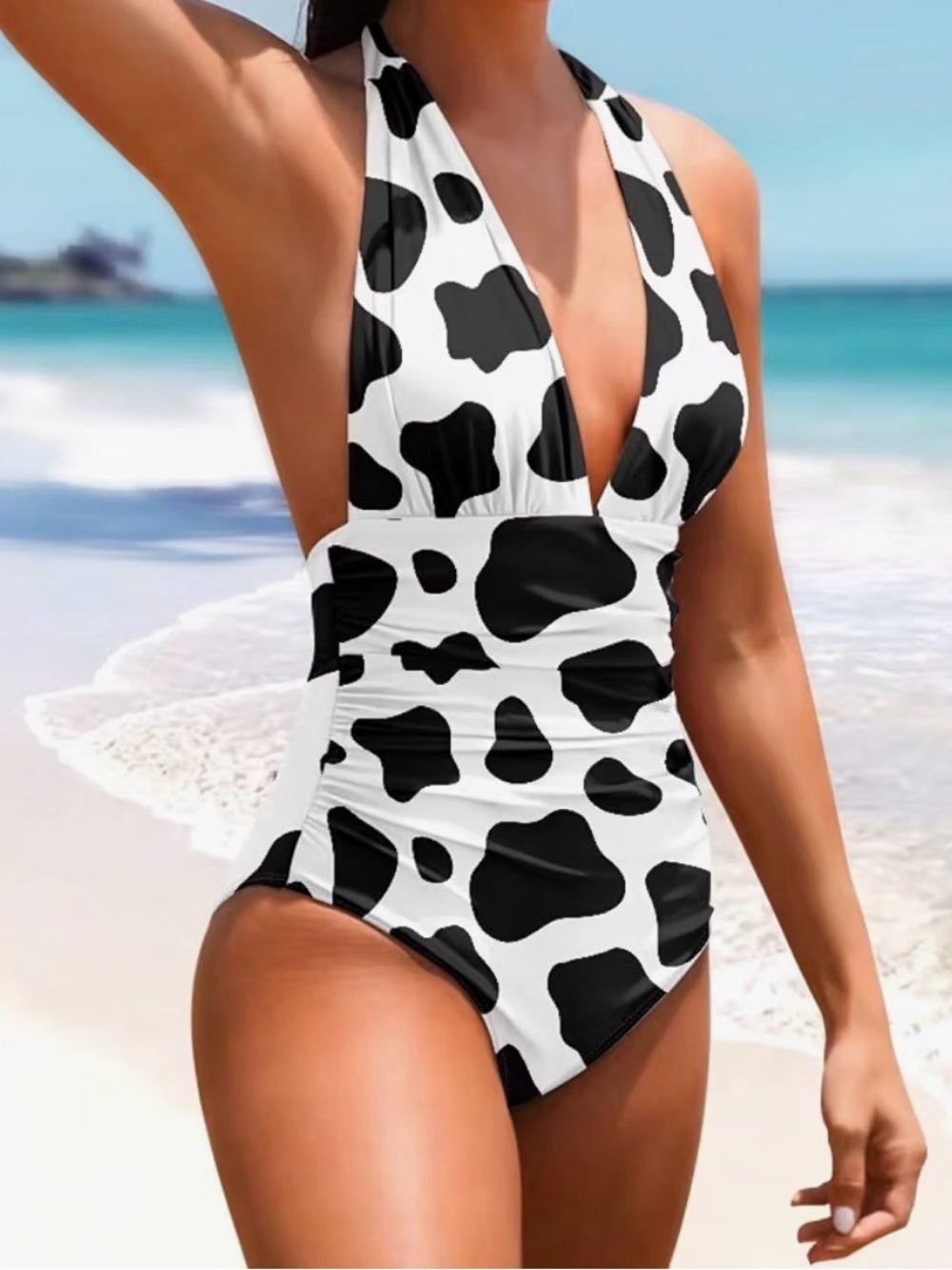 Amazon Black and White Cow Print Halter One-Piece Swimsuit